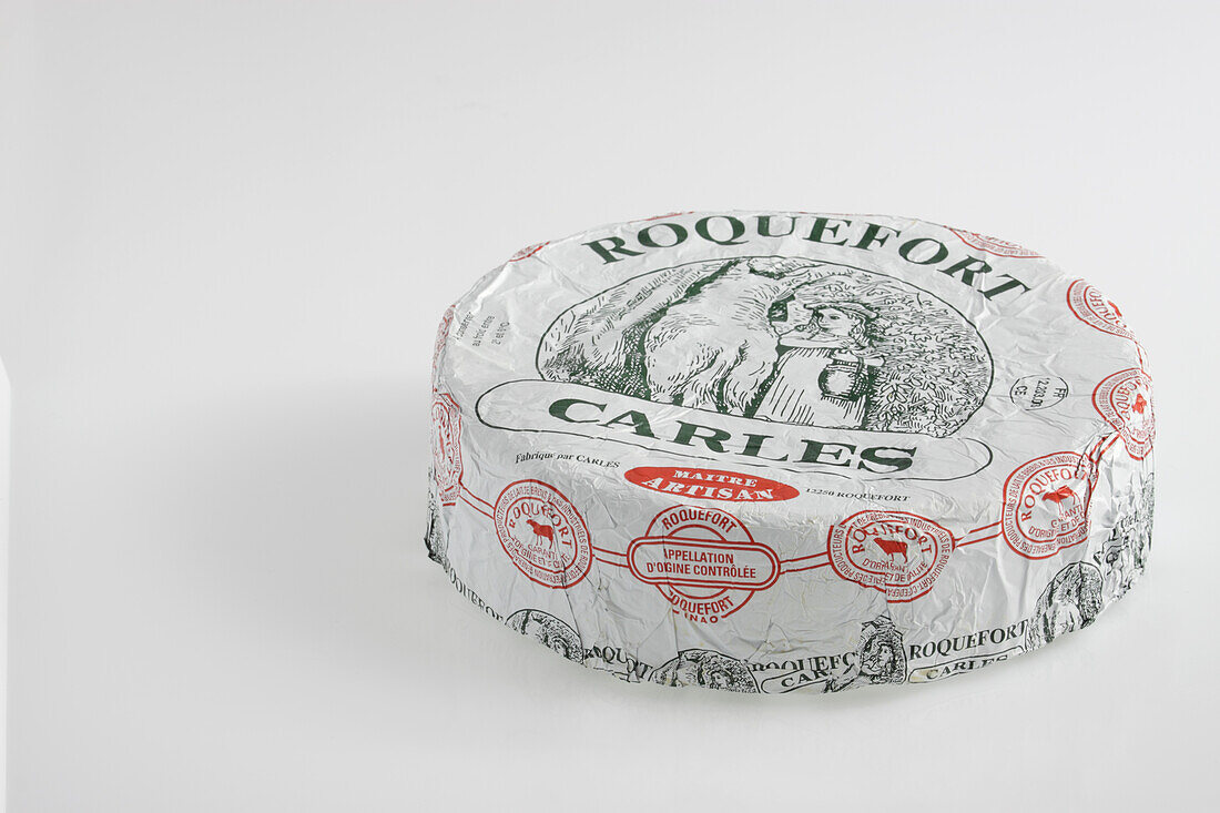 Whole drum of wrapped French Roquefort ewe's milk blue cheese