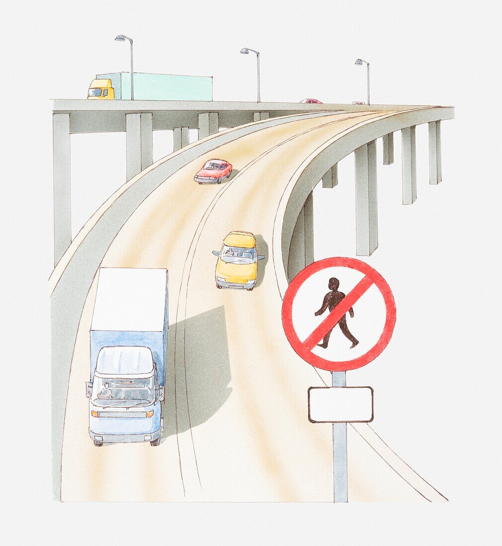 Traffic and No Pedestrians sign on one-way two-lane flyover
