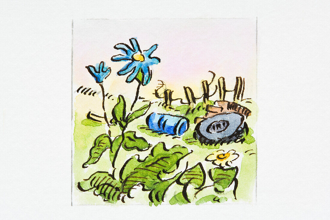 Tyre and barrel on grass, illustration