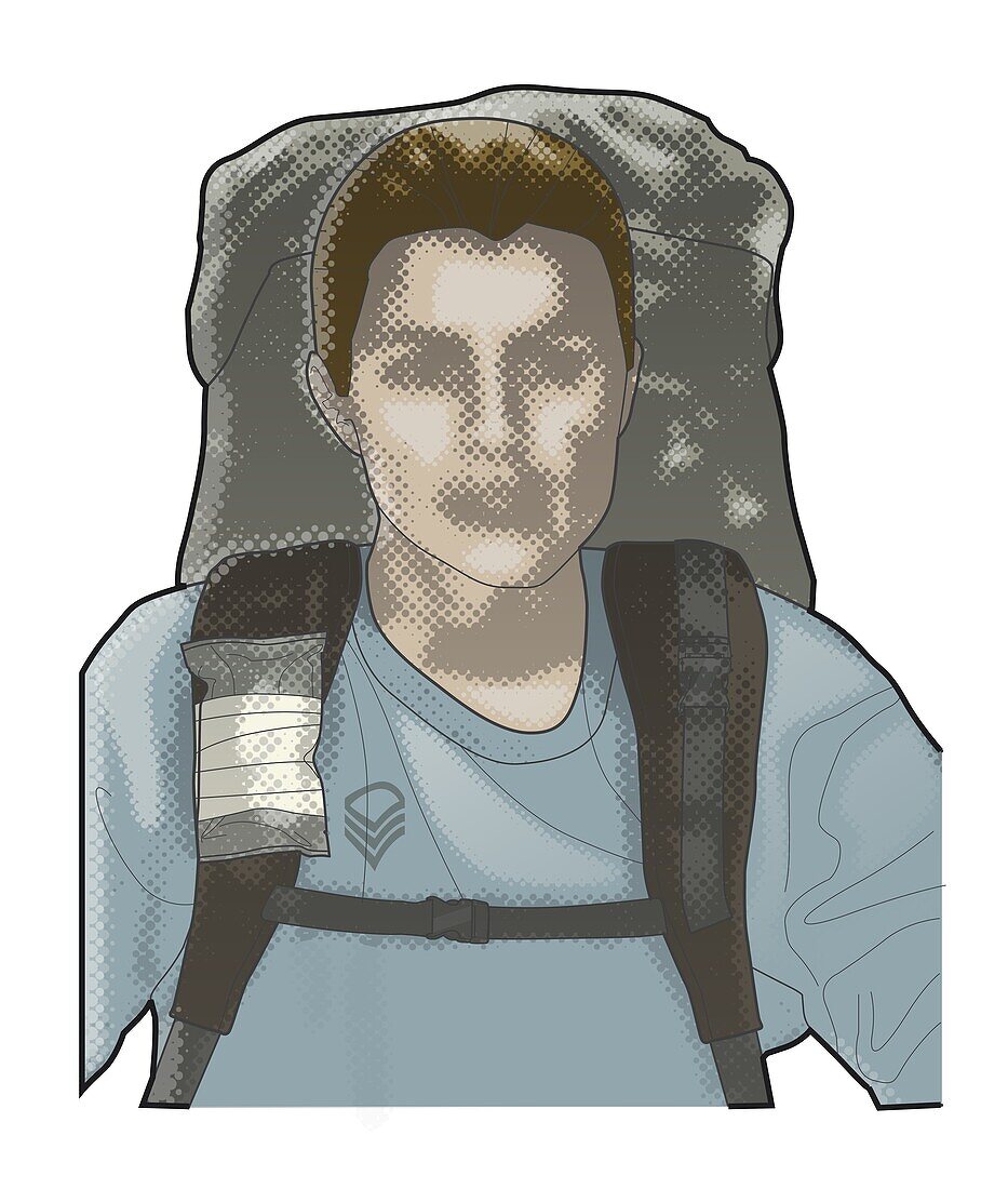 Combine sterile dressing attached to rucksack, illustration