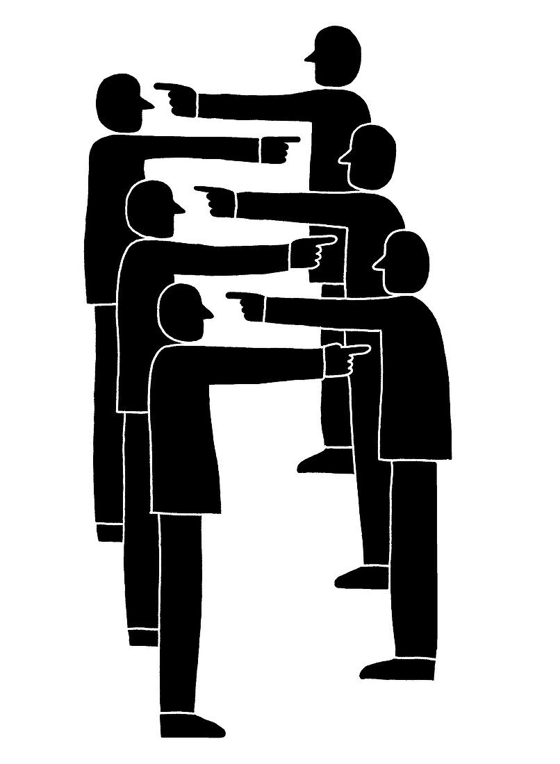 Figures pointing at each other, illustration
