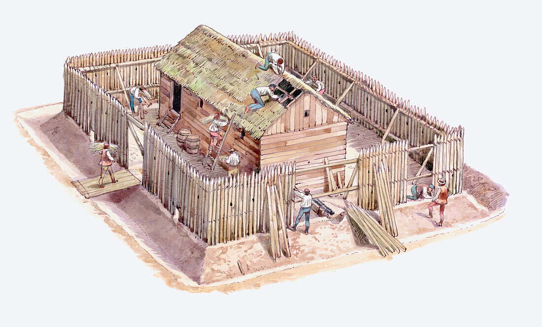Building of the wooden fort of Navidad, illustration