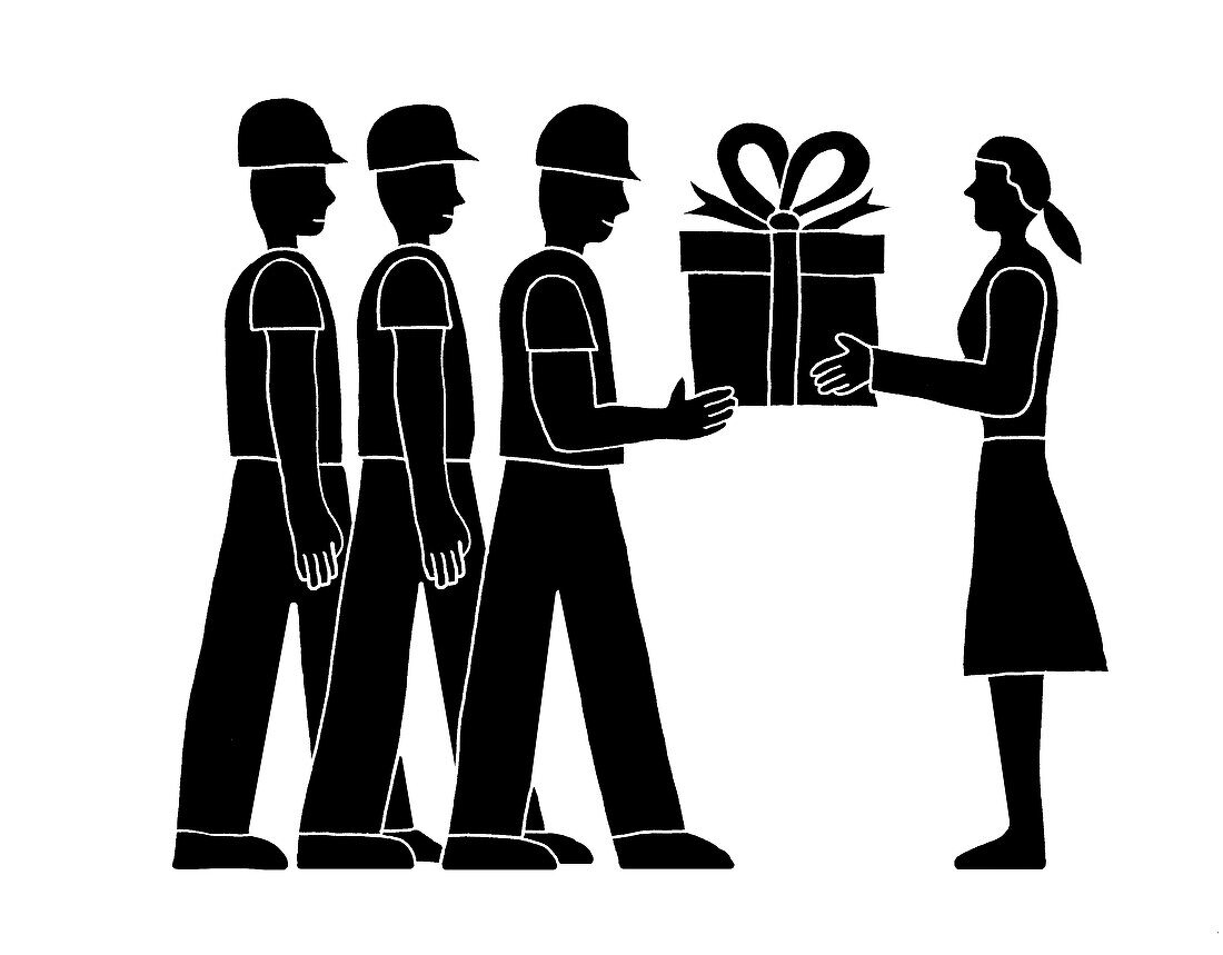 Workers being handed a present from a woman, illustration