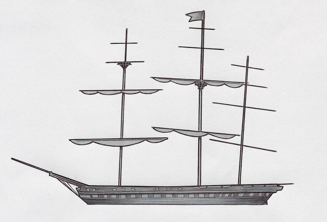 Frigate with sails down