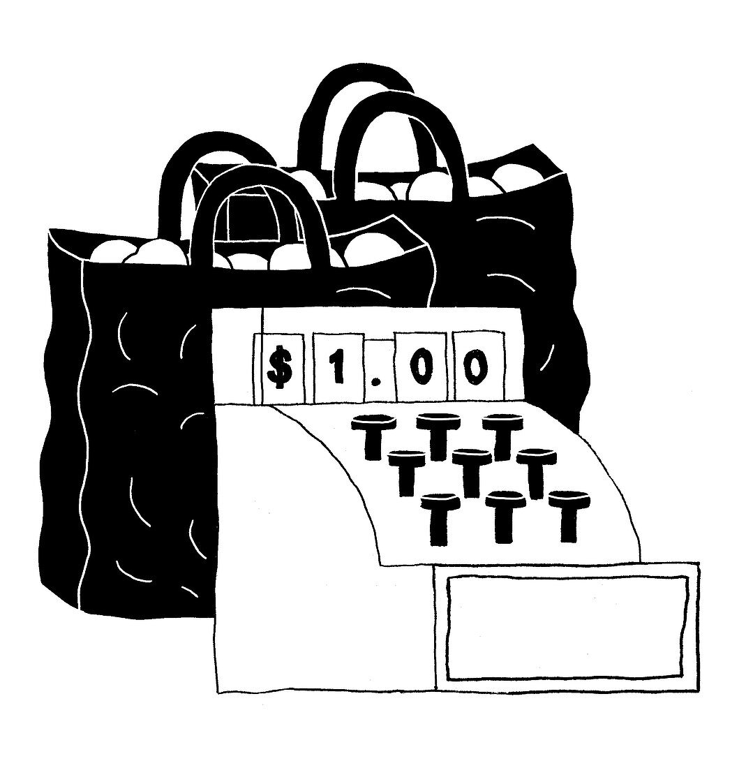 Till and shopping bags, illustration