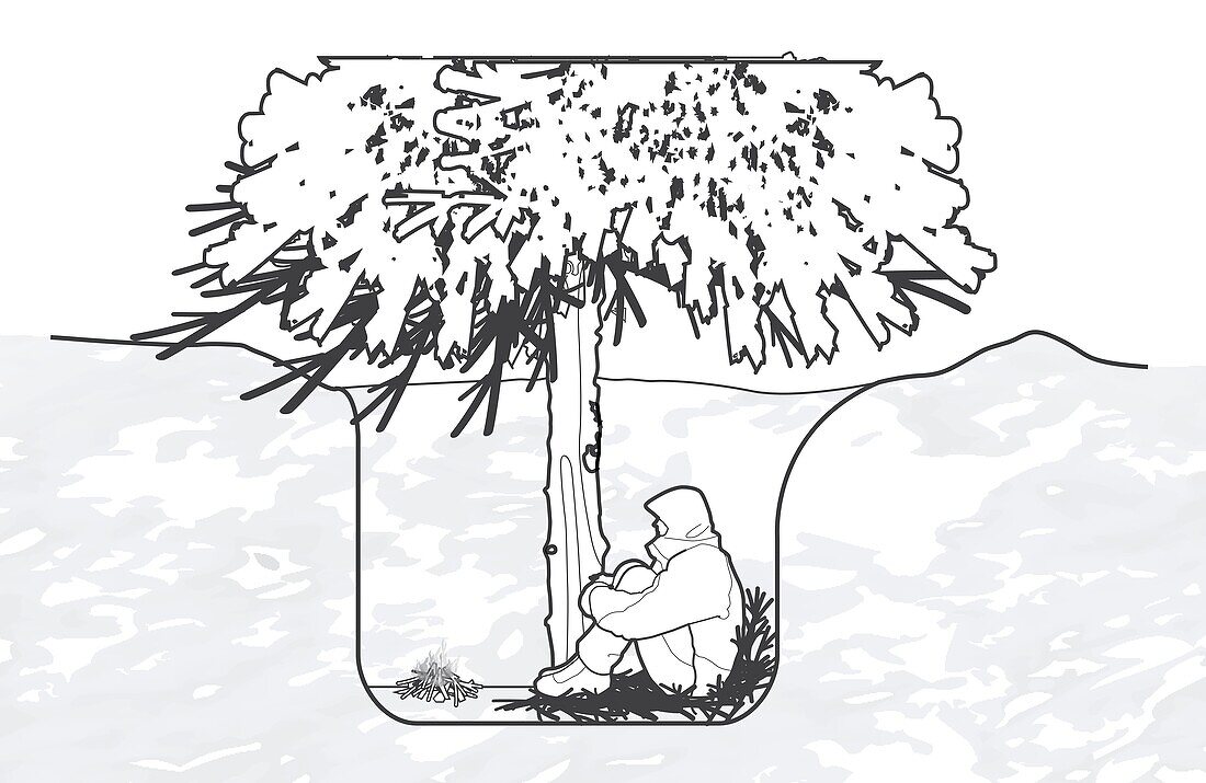 Man sheltering in tree pit, illustration