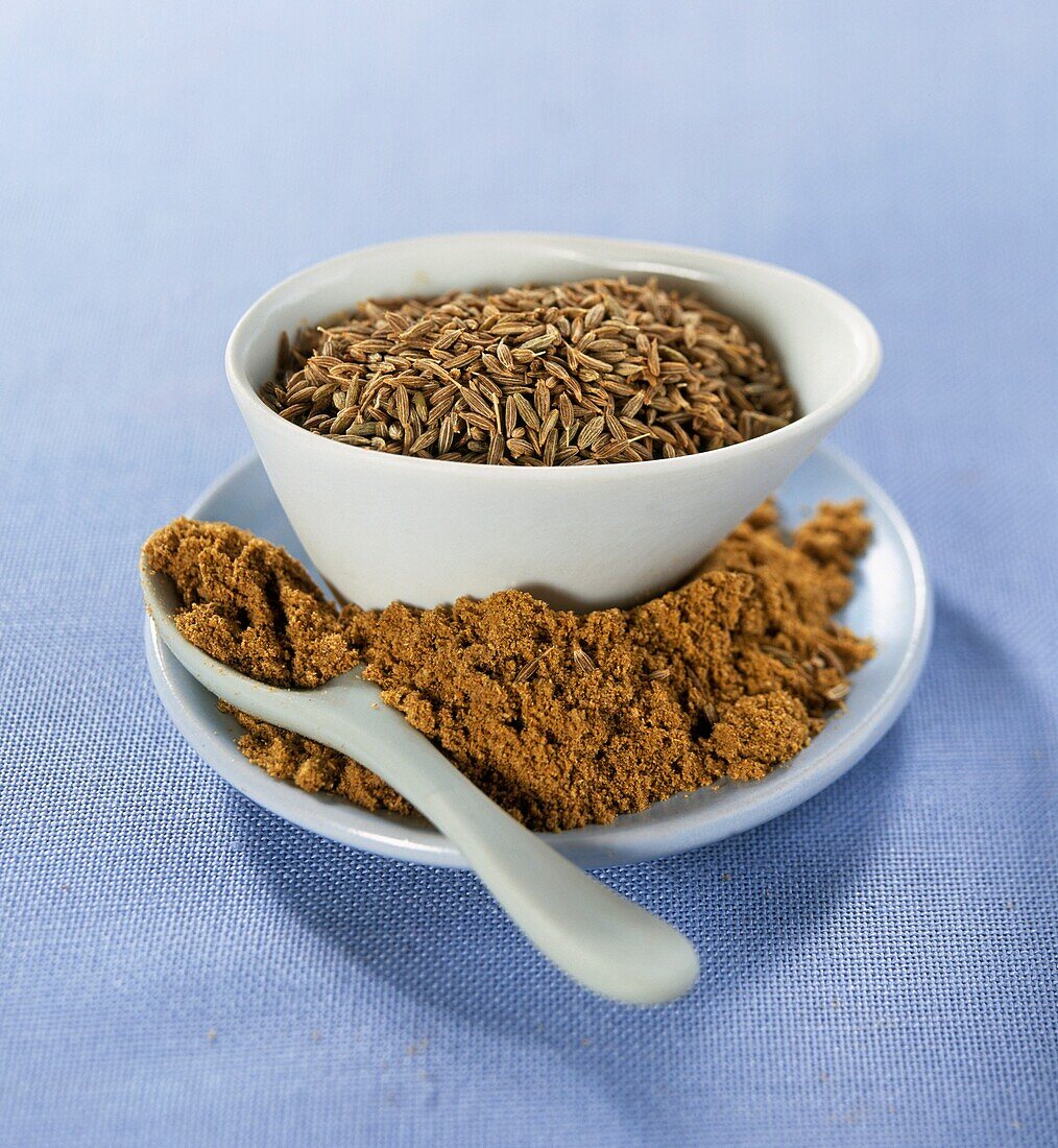 Cumin seeds in bowl and ground cumin on small plate