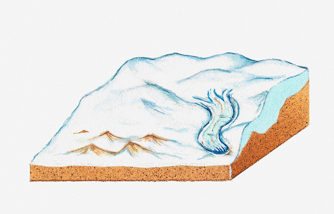 Ice cap flowing down from higher ground, illustration
