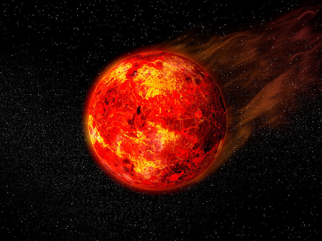 Exoplanet 55 Cancri e with a comet-like tail, illustration