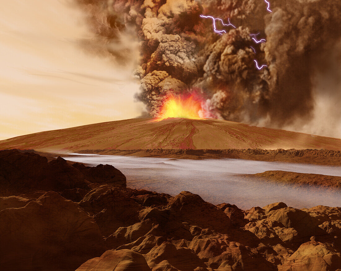 Eruption of ancient Martian volcano, illustration