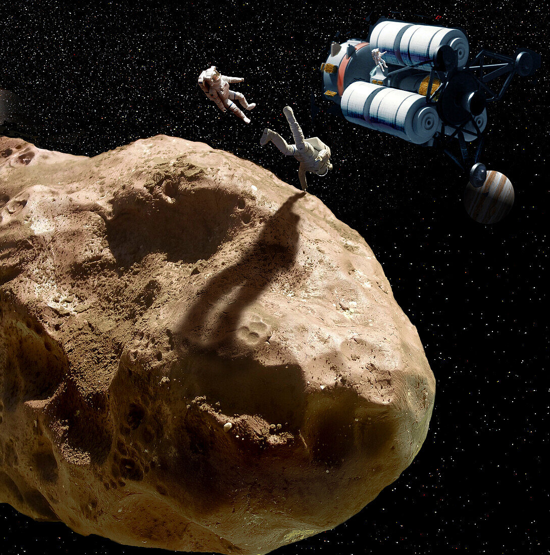 Exploring an asteroid, illustration