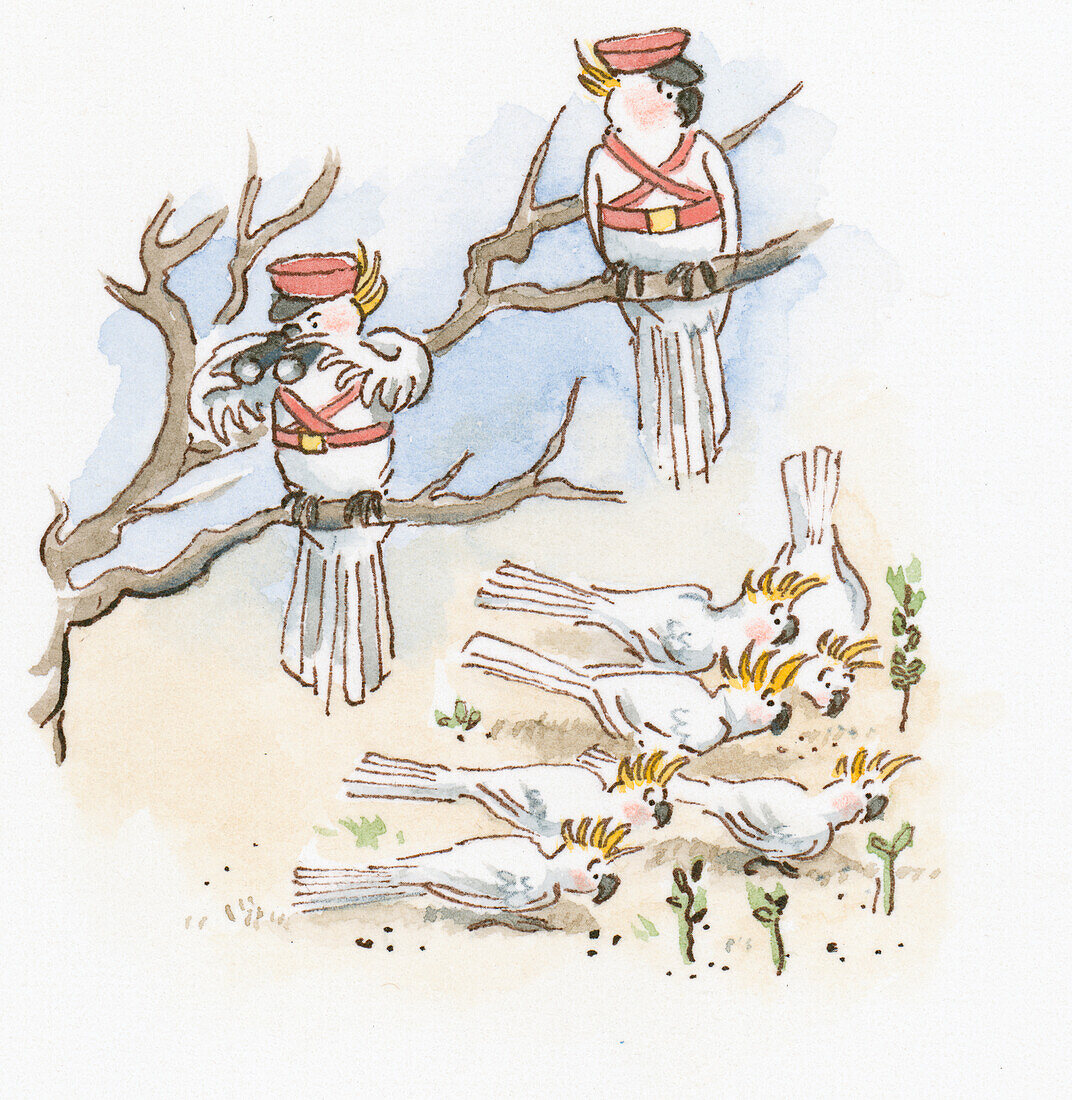 Birds wearing army uniform and keeping watch, illustration