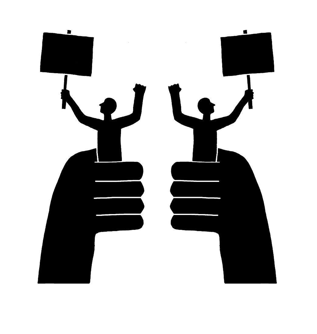Hands holding small figures with placards, illustration
