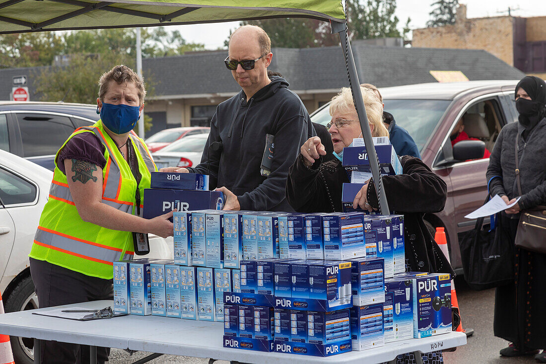 Water filters being distributed in Hamtramck, Michigan, USA