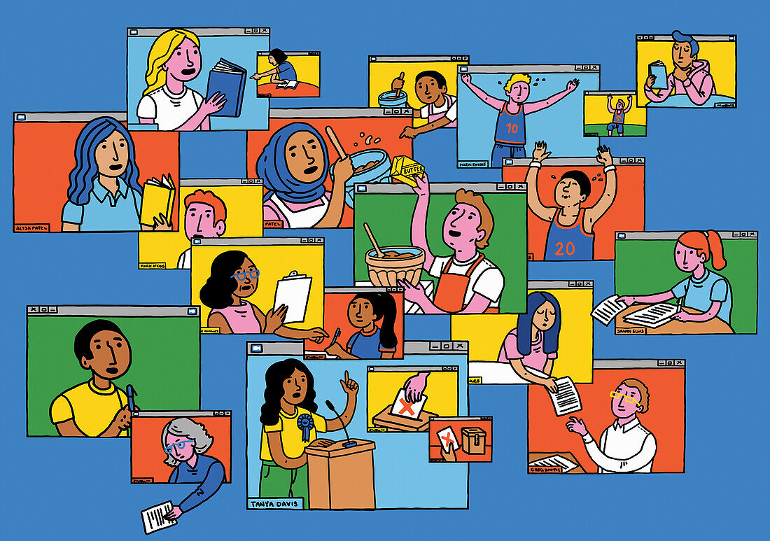 Screens with teachers teaching children online, illustration