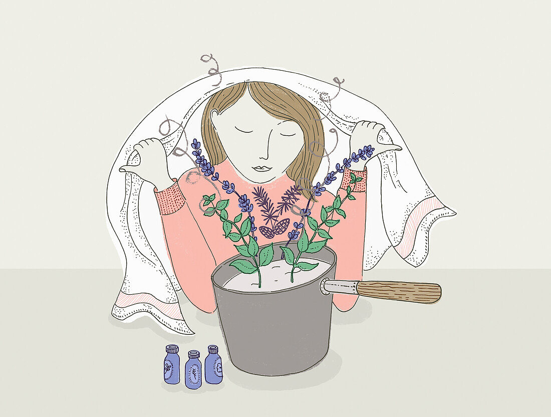 Woman using essential oils and aromatherapy, illustration
