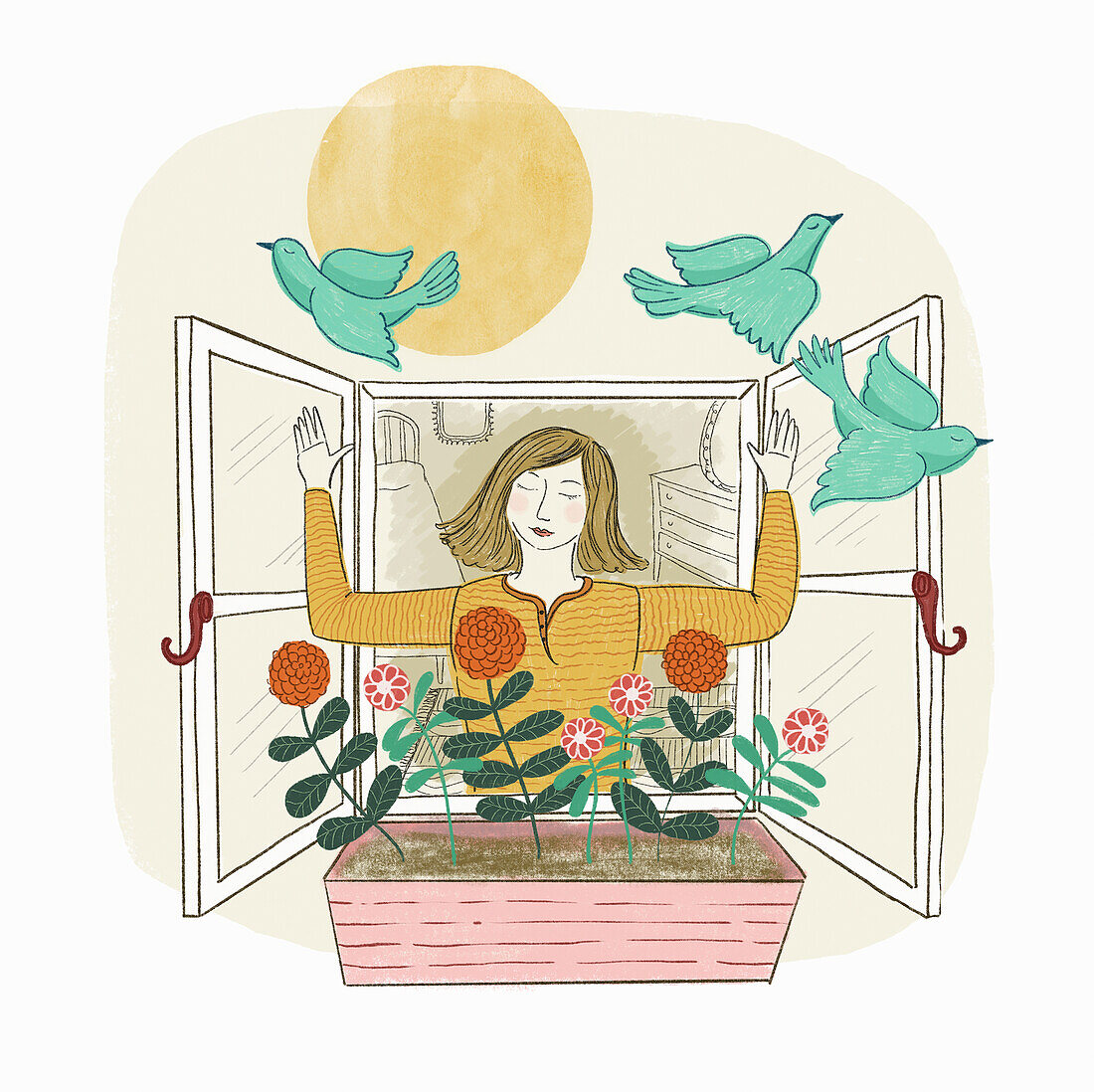 Woman breathing fresh air through open window, illustration
