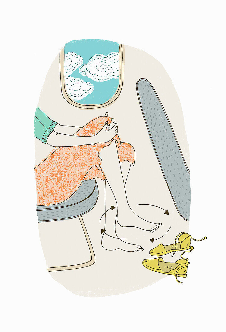 Woman exercising feet on airplane flight, illustration