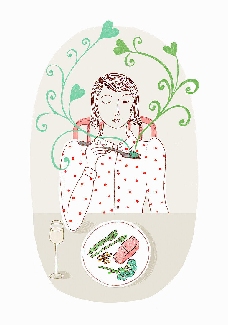 Woman enjoying smells and flavour of food, illustration