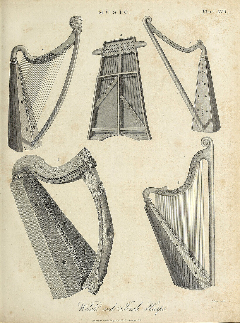 Welsh and Irish harps, 19th century illustration