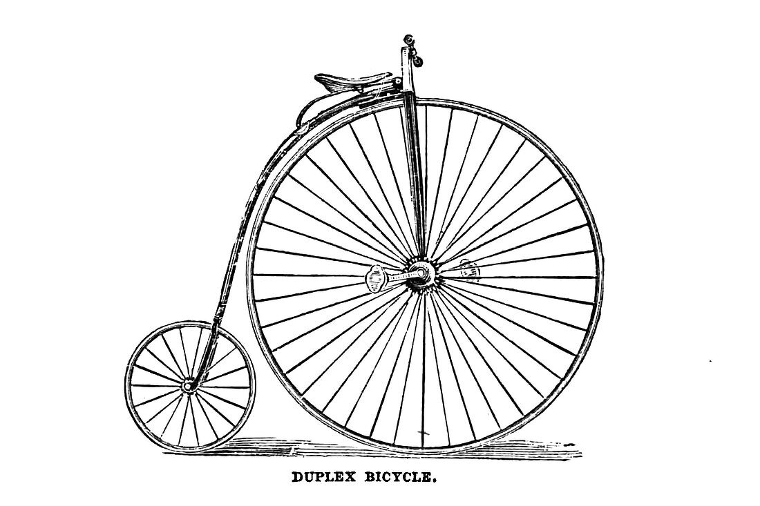 Duplex bicycle penny-farthing, 19th century illustration