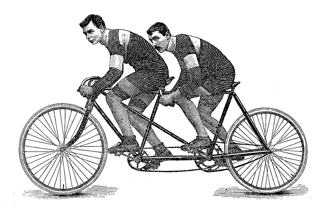 Tandem riders racing on bicycle, 19th century illustration