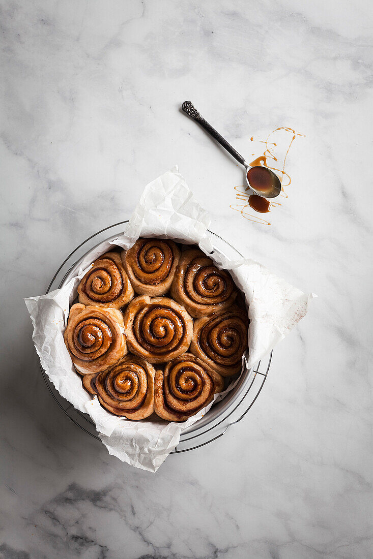 Cinnamon rolls in a baking pan