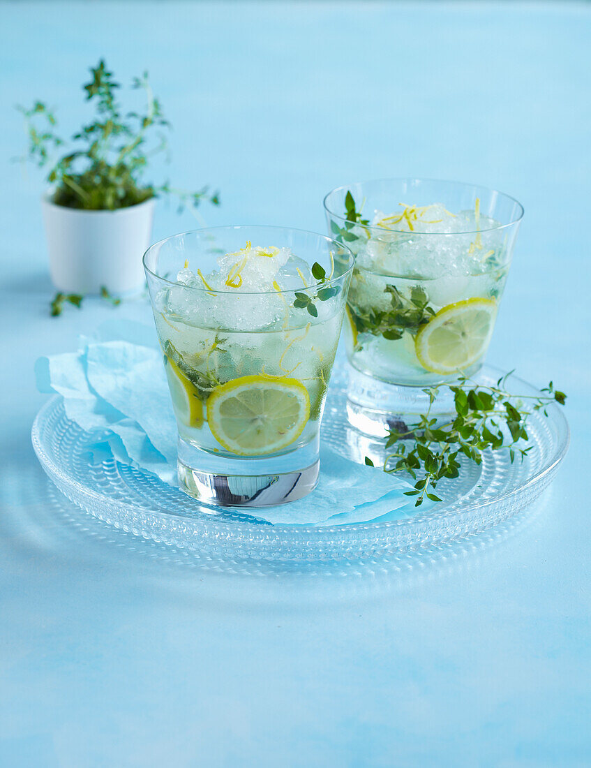 Ice drink with lemon and thyme