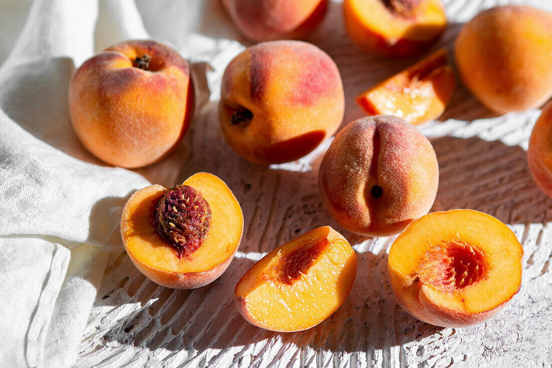 Peaches in sunny summer light