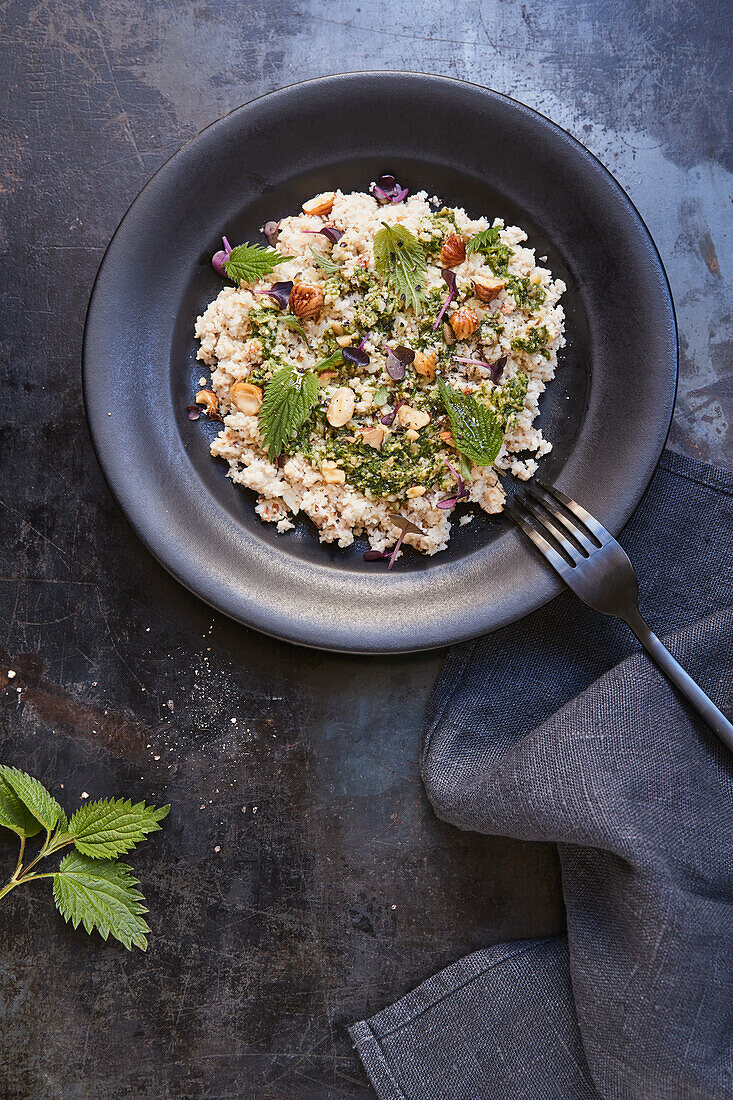 Cauliflower and nut risotto with nettle and spinach pesto
