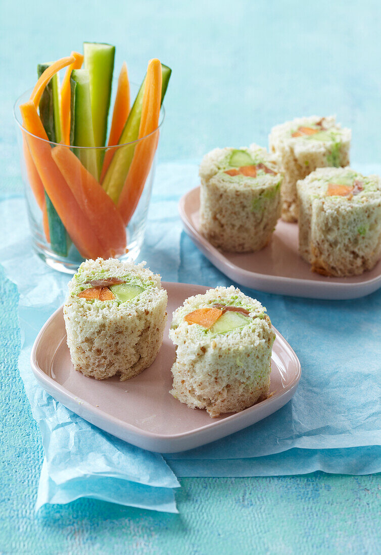 Toast sushi rolls with salmon and avocado