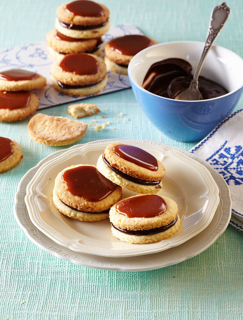 Butter cookies with chocolate and caramel