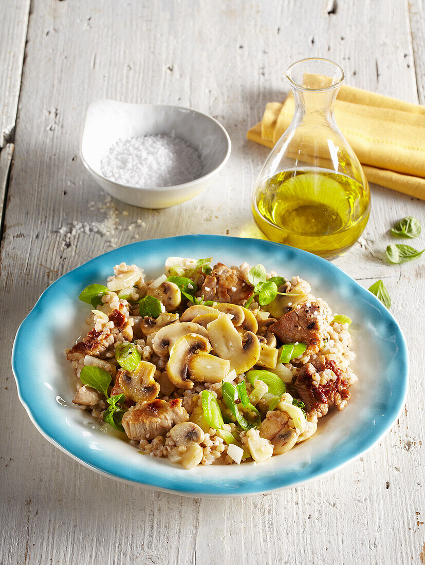 Buckwheat risotto with mushrooms and pork sirloin