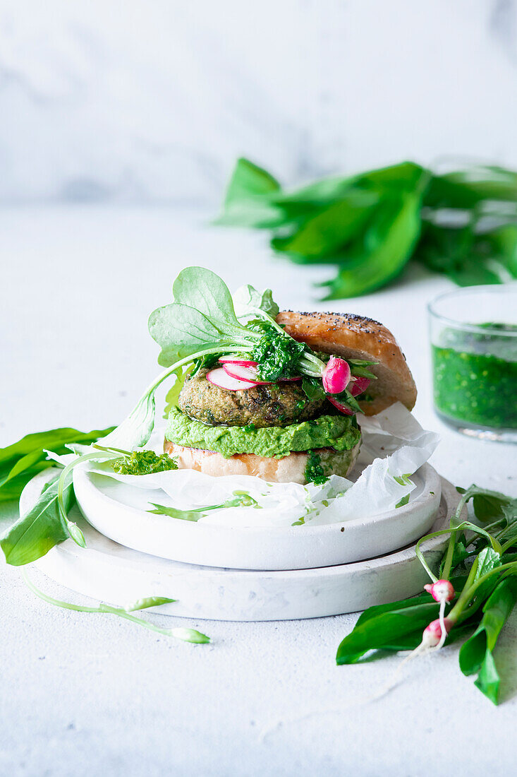 Wild garlic burger with falafel and hummus