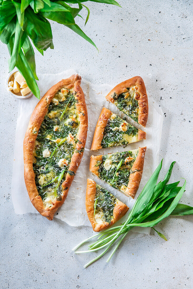 Wild garlic pide with feta cheese