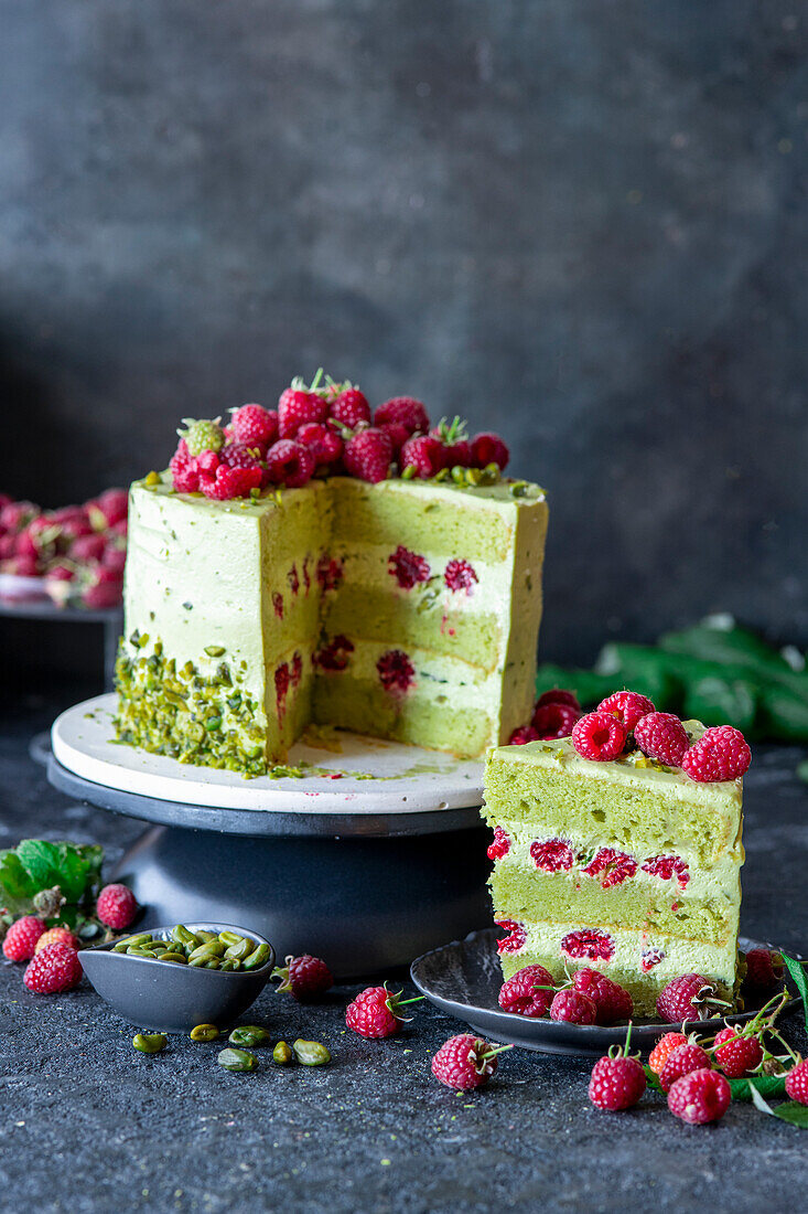 Raspberry pistachio cake