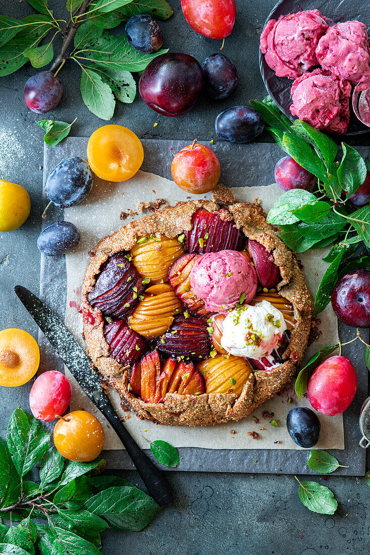 Galette with plums and ice cream