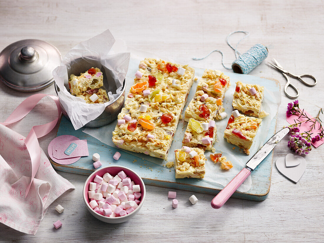 Rocky Road Cake with candied fruits and mini marshmallows