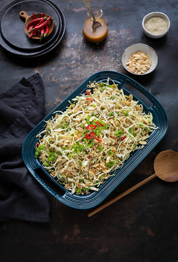 White cabbage salad with chilli and flaked almonds