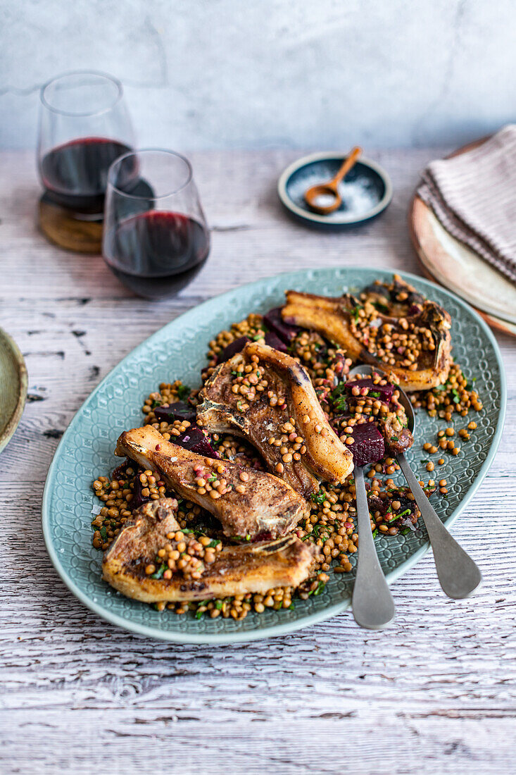 Moroccan Spiced Lamb Chops on Lentil and Beetroot Salad