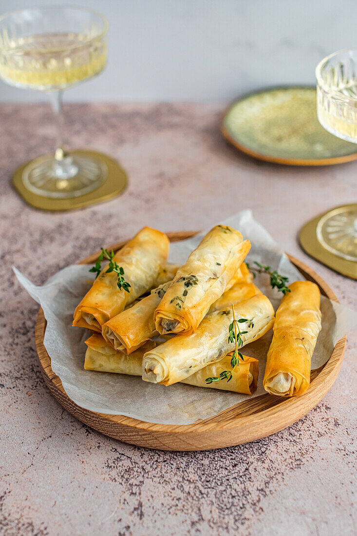 Mushroom and Ricotta Filo Cigars with Champagne