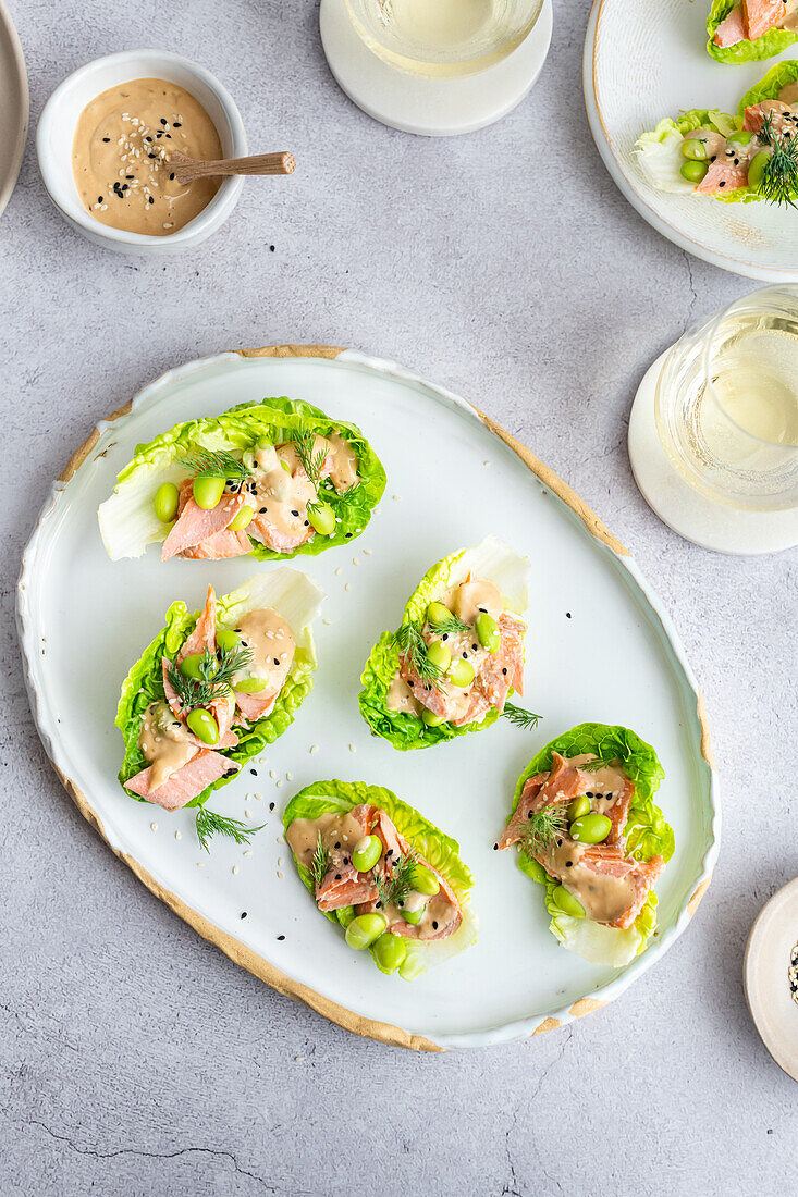 Lettuce Cups with Poached Salmon, Edamame Beans and Sesame Mayo