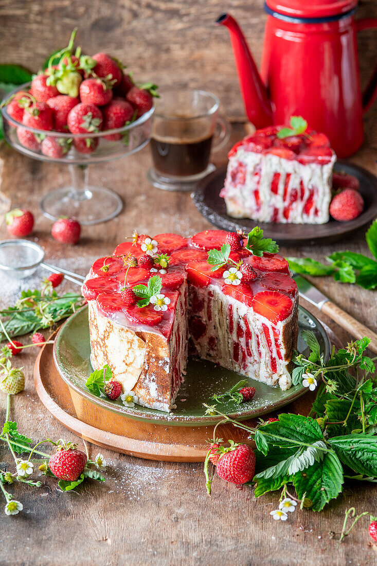 Vertical strawberry crepe cake