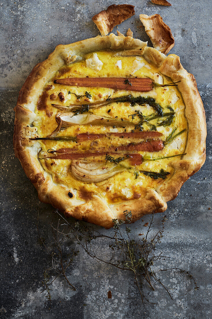 Carrot and fennel tart with yogurt and feta