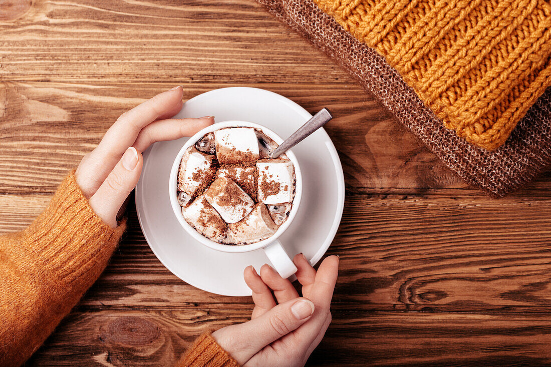 Female hands holding cup with hot chocolate and marshmallow