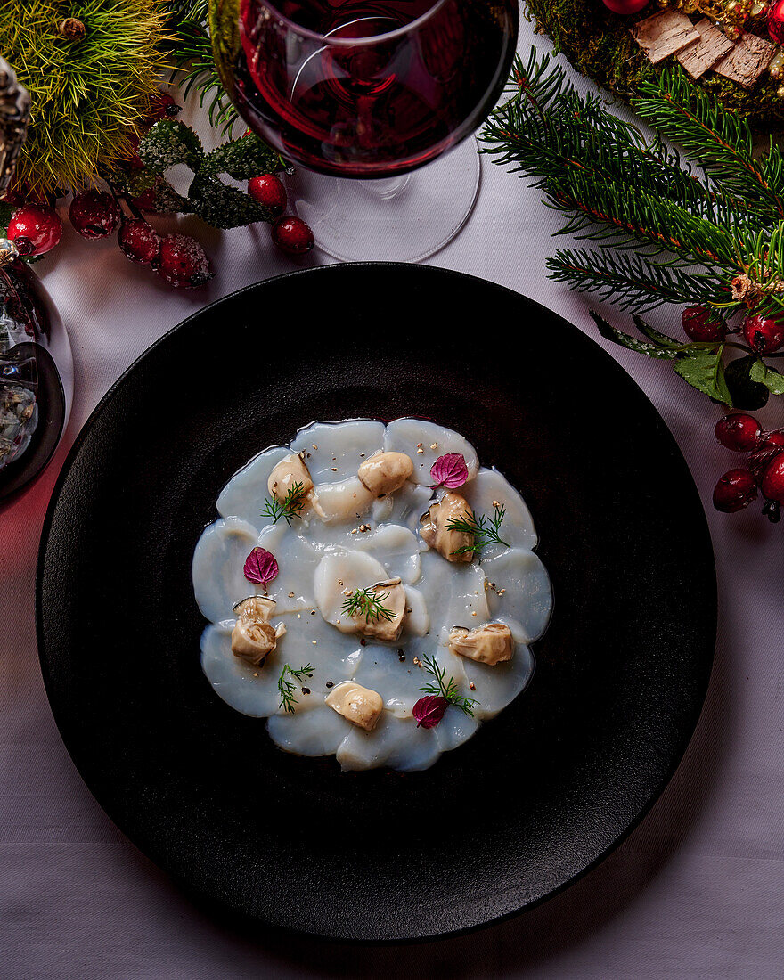 Scallop carpaccio with oysters