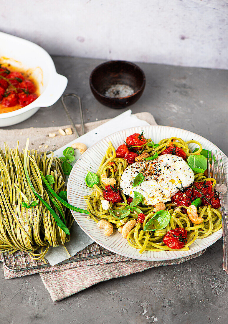 Wild garlic pasta with burrata and oven-roasted tomatoes