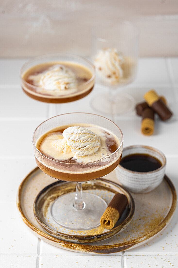 Coffee with ice in a dessert glass