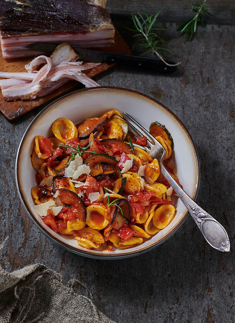 Orechiette with caponata (Sicily)