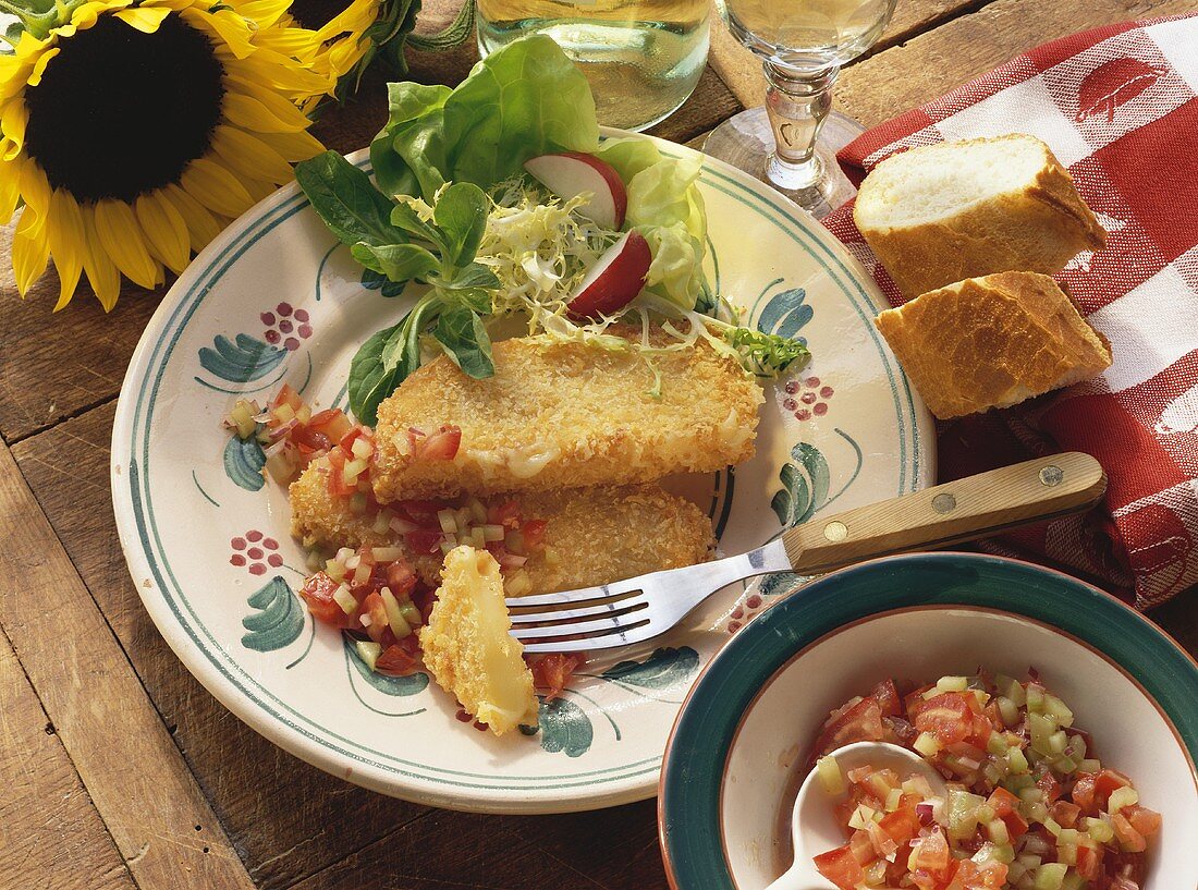 Panierte Käseschnitzel mit Gurken-Tomaten-Sauce & Salat